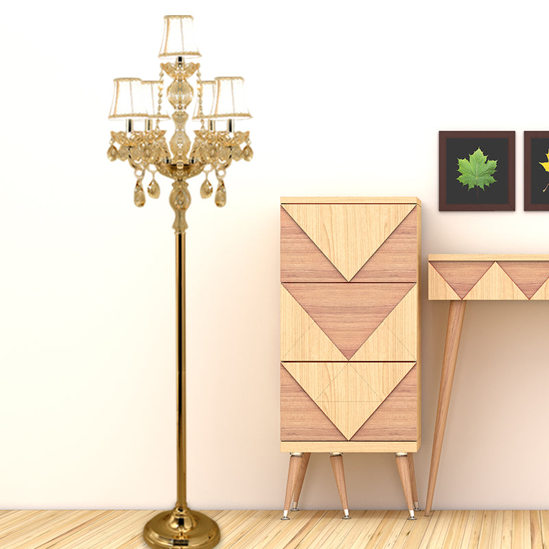 Traditional Clear Crystal Candlestick Floor Lamp With White Shade - Gold Standing Light