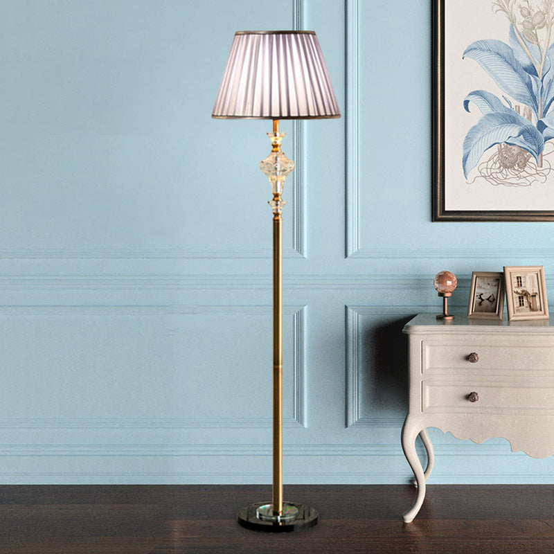 Purple Fabric Pleated Shade Standing Floor Lamp With Clear Crystal Accent