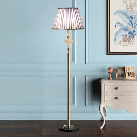 Purple Fabric Pleated Shade Standing Floor Lamp With Clear Crystal Accent