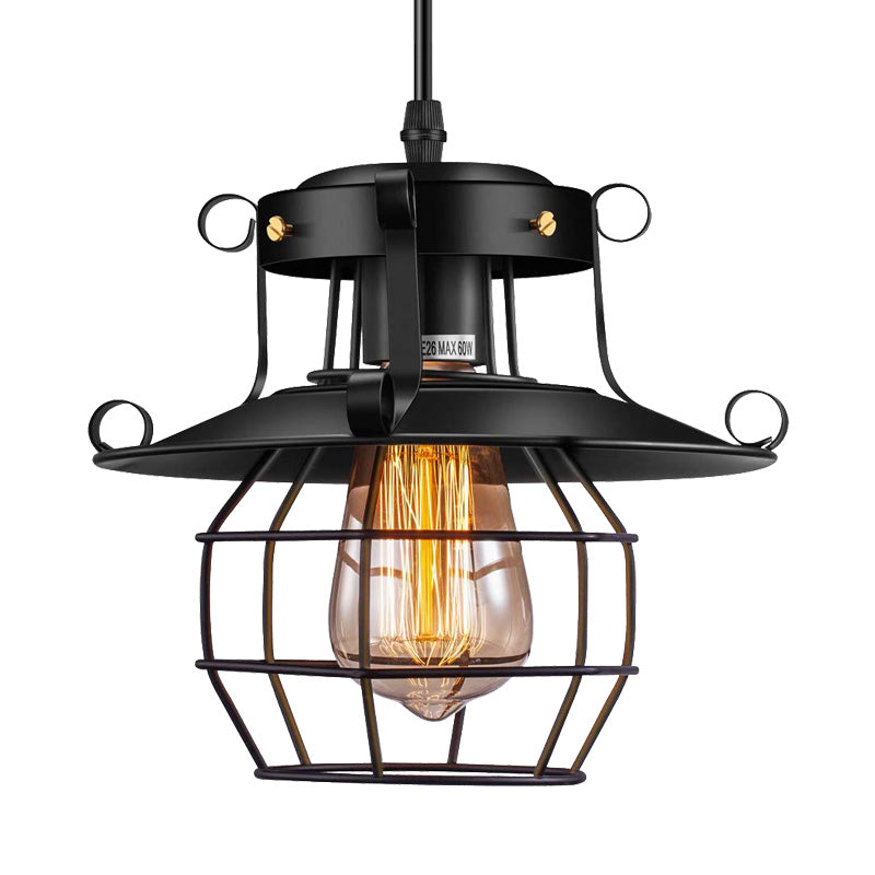 Farmhouse Metal Pendant Light - Wire Cage Dining Room Hanging Kit 1-Light Black Finish