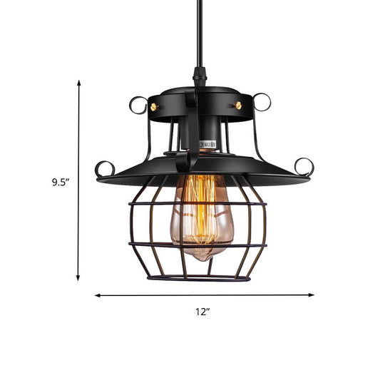 Farmhouse Metal Pendant Light - Wire Cage Dining Room Hanging Kit 1-Light Black Finish