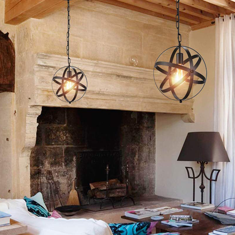 One Light Strap Globe Pendant Industrial Black Metal Ceiling With/Without Crystal Ball