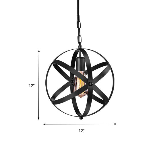 One Light Strap Globe Pendant Industrial Black Metal Ceiling With/Without Crystal Ball