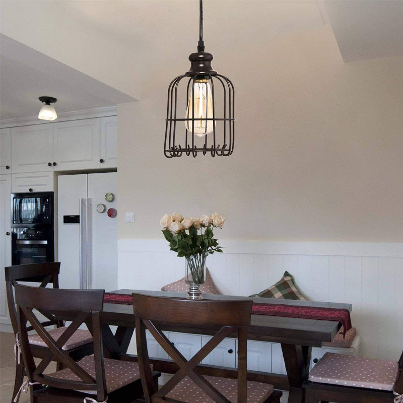 Industrial Glass Pendant Ceiling Light With Cage - Black Cylinder Design For Dining Room