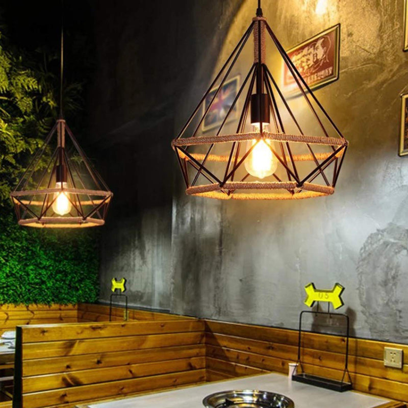 Vintage Metal And Rope Ceiling Pendant: Black Diamond Design With Cage For Coffee Shop Ambiance