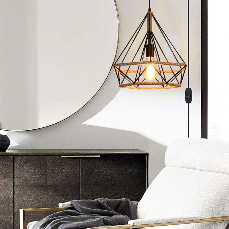 Vintage Metal And Rope 1-Light Black Diamond Pendant Ceiling Lamp With Cage For Coffee Shop