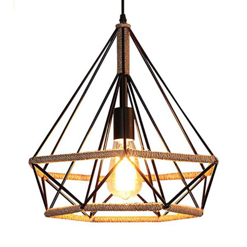 Vintage Metal And Rope Ceiling Pendant: Black Diamond Design With Cage For Coffee Shop Ambiance