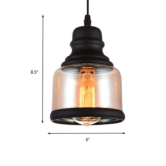 Black Industrial Cylinder Pendant Lighting - Clear Glass Hanging Light For Living Room
