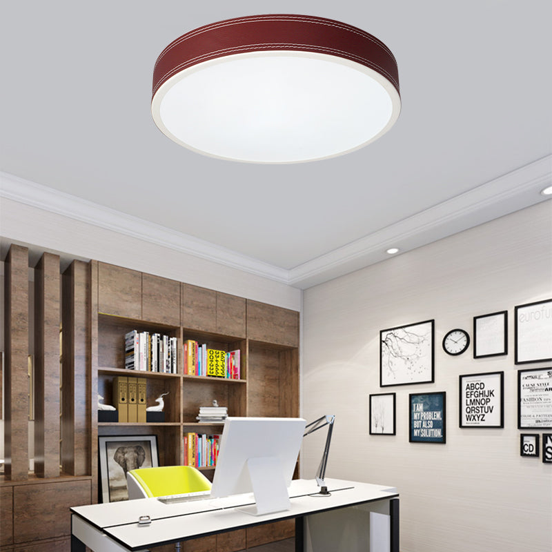 Nordic Led Disk Ceiling Light – Red/Blue/Green Leather Flush Mount For Bedroom Warm/White