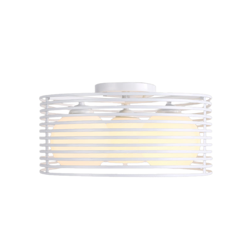 Nordic Metal 3 - Light Semi Flush Mount Lamp With Round Iron Cage For Bedroom Ceiling - Black/White