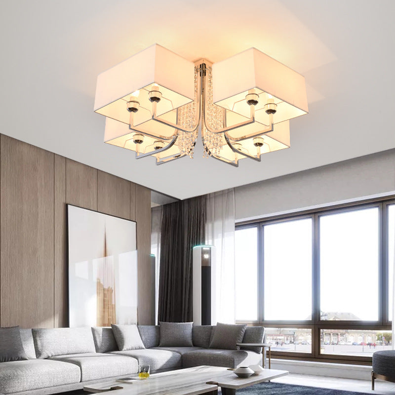 Contemporary Crystal Drop Ceiling Light Fixture With White Cubic Fabric Shade 23.5’/31.5’ Wide