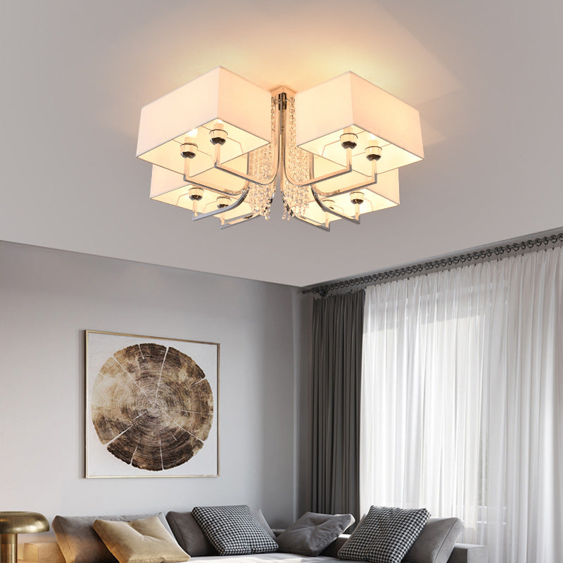 Contemporary Crystal Drop Ceiling Light Fixture With White Cubic Fabric Shade 23.5’/31.5’ Wide