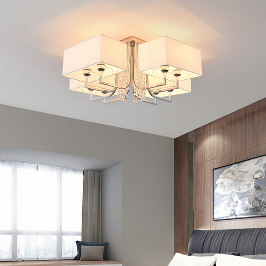 Contemporary Crystal Drop Ceiling Light Fixture With White Cubic Fabric Shade 23.5’/31.5’ Wide