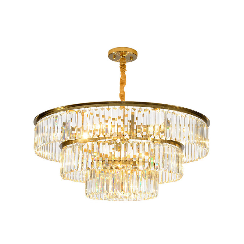 Contemporary Gold Metal Pendant Chandelier With Crystal Block - 3-Tier Round Design