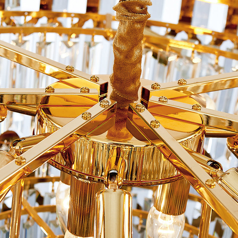 Contemporary Metal Pendant Chandelier With Round Shade & Faceted Crystal - Golden Hanging Light