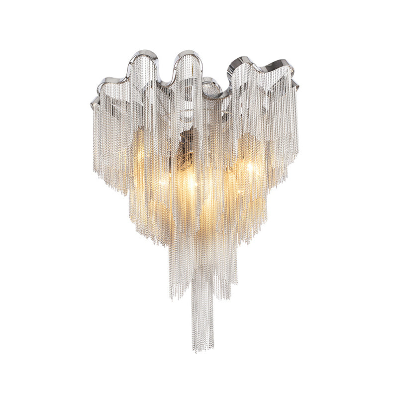 Modern Silver Metal Chain Draped Flush Mount Ceiling Light Fixture For Living Room With 6 Lights