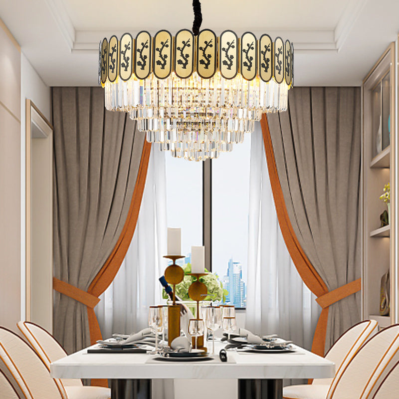 Modern Round Chandelier With Flower Pattern Crystal And Metal Hanging Light For Bedroom - Brass