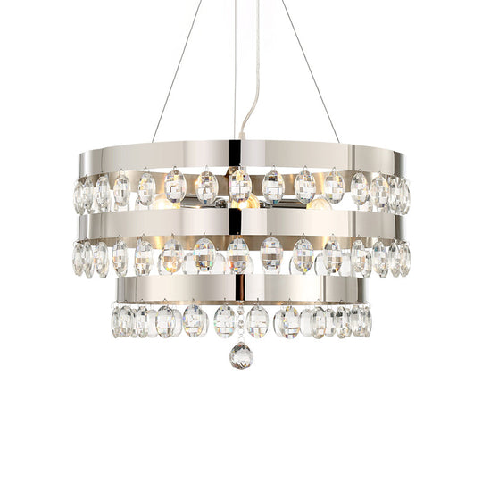 Chrome Multi-Light Chandelier With Clear Crystal Deco And Tiered Rings