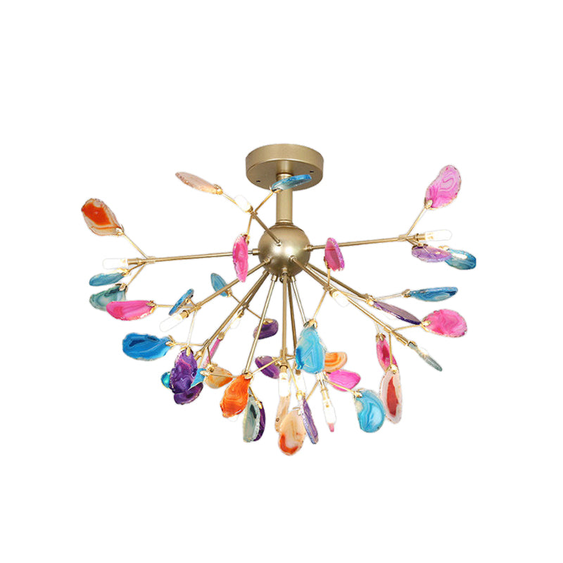 Nordic Metal And Agate Gold Starburst Ceiling Fixture - Semi Flush Mount For Bedroom
