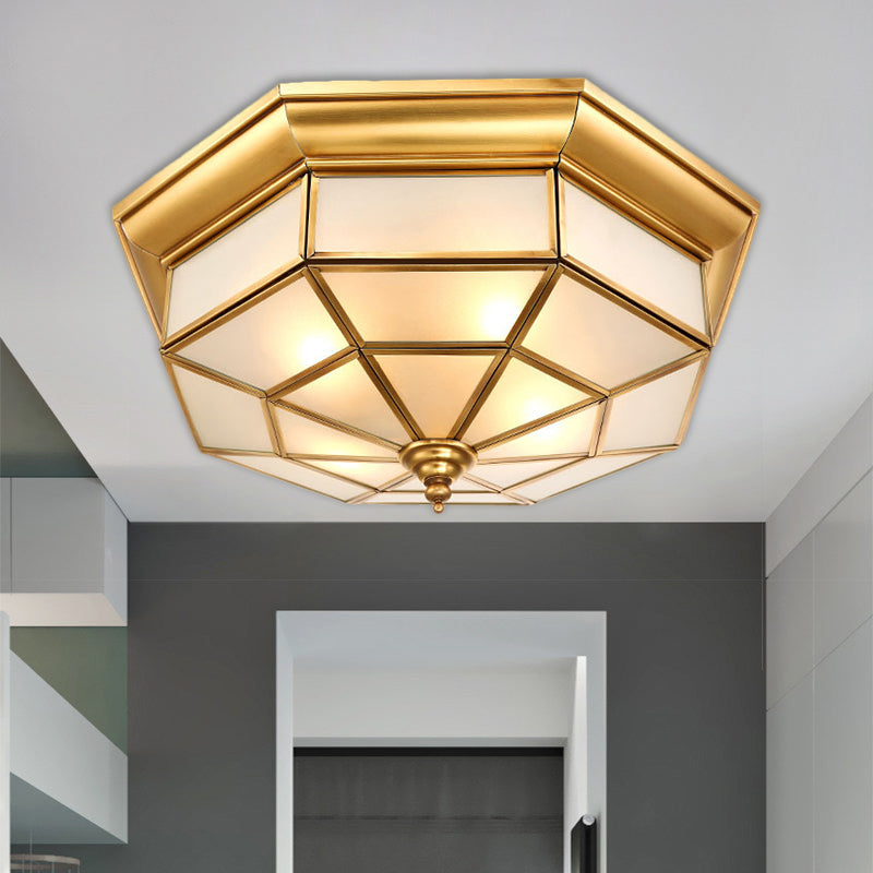 Antiqued Brass Octagon Flush Mount Ceiling Light With Milky Glass - 17’ / 25.5’ Width 4/6 Head