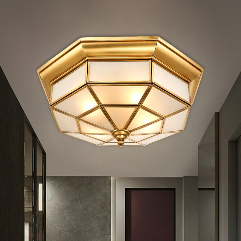 Antiqued Brass Octagon Flush Mount Ceiling Light With Milky Glass - 17’ / 25.5’ Width 4/6 Head