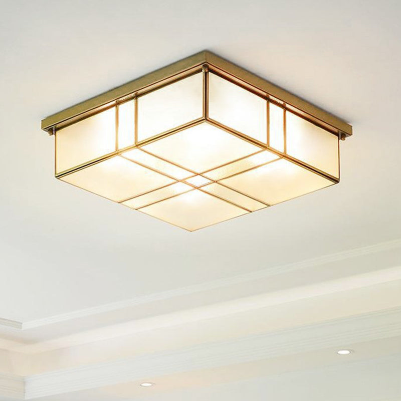 Brass Opal Glass Ceiling Light Fixture - 2-Bulb Cubic Flush Mount Lamp For Bedroom