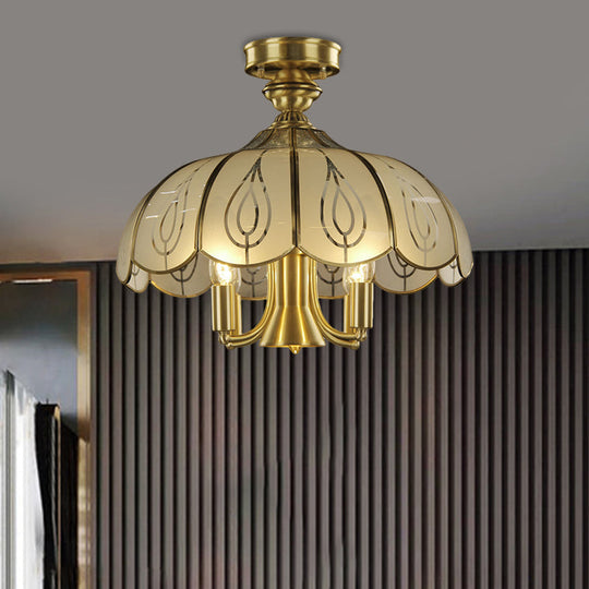 Brass Semi Flush Ceiling Mounted Fixture With Scalloped Frosted Glass & Leaf Pattern - 4 Heads