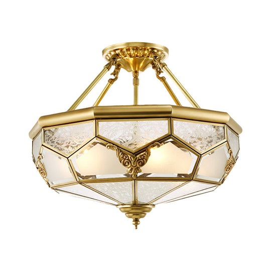 Opaline Glass Brass Semi Flush Mount Ceiling Lamp 3/4 Lights Faceted Dome Country Print 14’/18’
