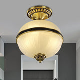 Brass Ellipsoid Semi-Flush Farmhouse Ceiling Light With Ribbed Opal Glass - Available In 4/6 Heads