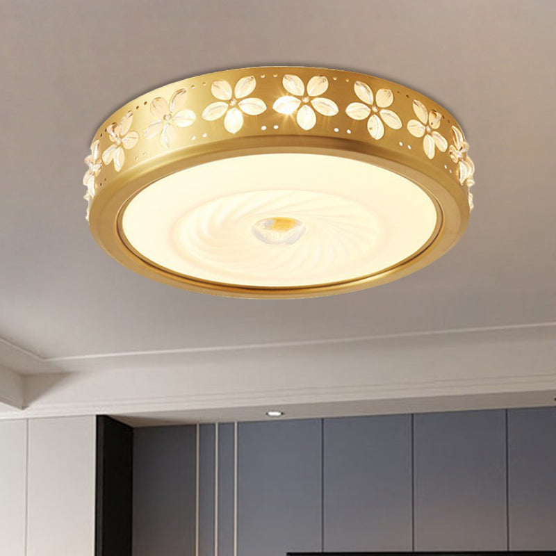 Rustic Drum Style Flush Light With Cream Glass & Led Ceiling Mounted Fixture Brass