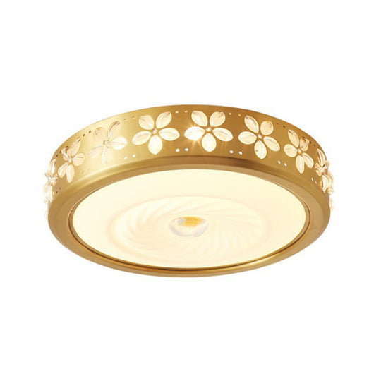 Rustic Drum Style Flush Light With Cream Glass & Led Ceiling Mounted Fixture Brass