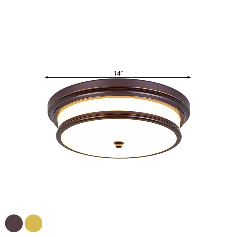 14/16 Vintage Cream Glass Drum-Like Corridor Ceiling Fixture Led Flush Mount Lighting In Black/Gold