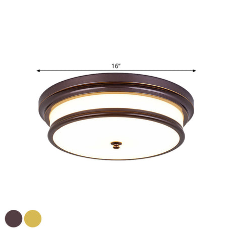 14/16 Vintage Cream Glass Drum-Like Corridor Ceiling Fixture Led Flush Mount Lighting In Black/Gold