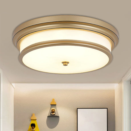 14/16 Vintage Cream Glass Drum-Like Corridor Ceiling Fixture Led Flush Mount Lighting In Black/Gold