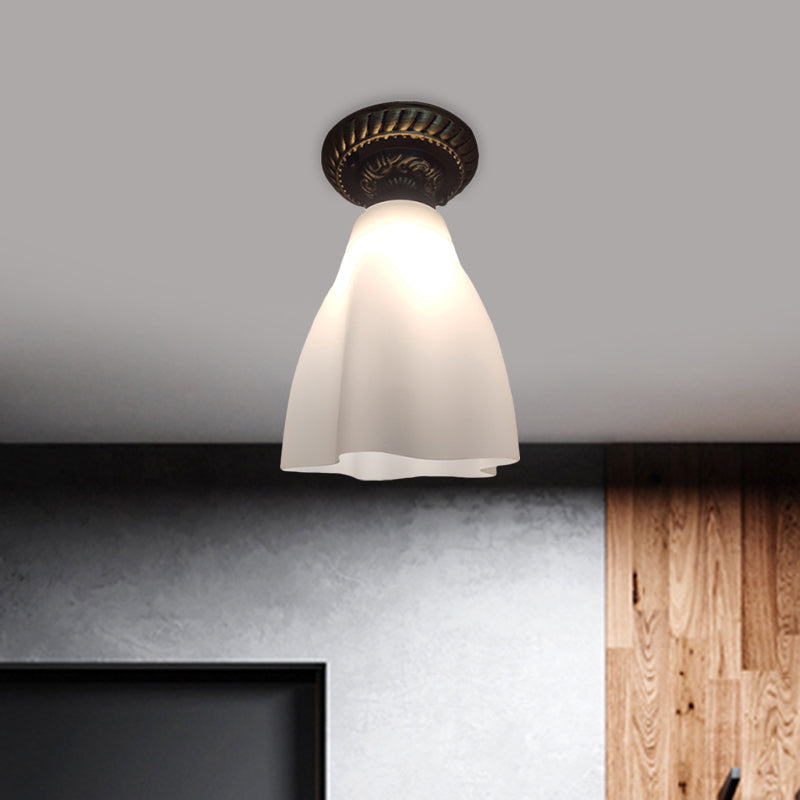 Black Flush Mount Lamp With Countryside White Glass Shade For Hallway Ceiling Lighting