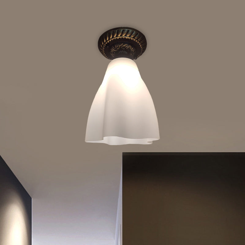 Black Flush Mount Lamp With Countryside White Glass Shade For Hallway Ceiling Lighting