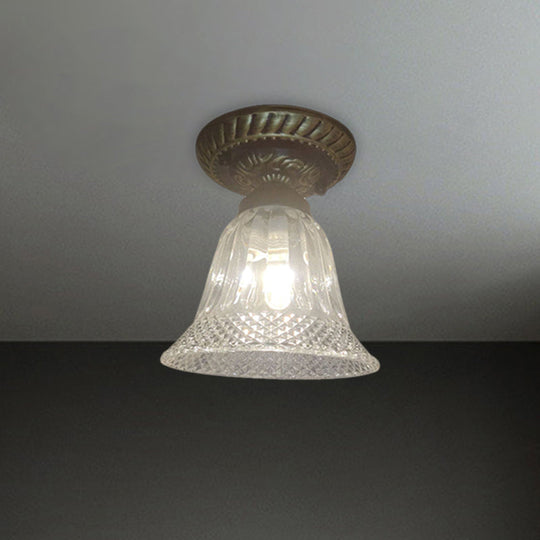 Bell Shape Ceiling Lighting - Farmhouse Black Flush Mount Fixture With Clear Prismatic Glass