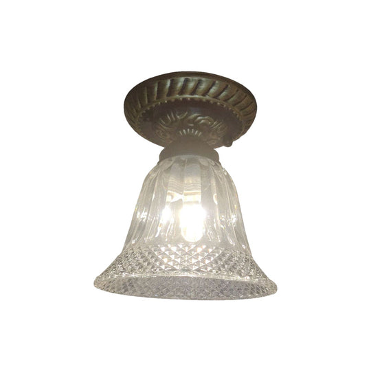 Bell Shape Ceiling Lighting - Farmhouse Black Flush Mount Fixture With Clear Prismatic Glass