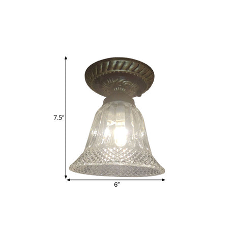 Bell Shape Ceiling Lighting - Farmhouse Black Flush Mount Fixture With Clear Prismatic Glass