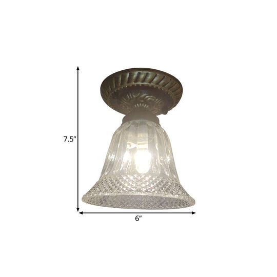 Bell Shape Ceiling Lighting - Farmhouse Black Flush Mount Fixture With Clear Prismatic Glass