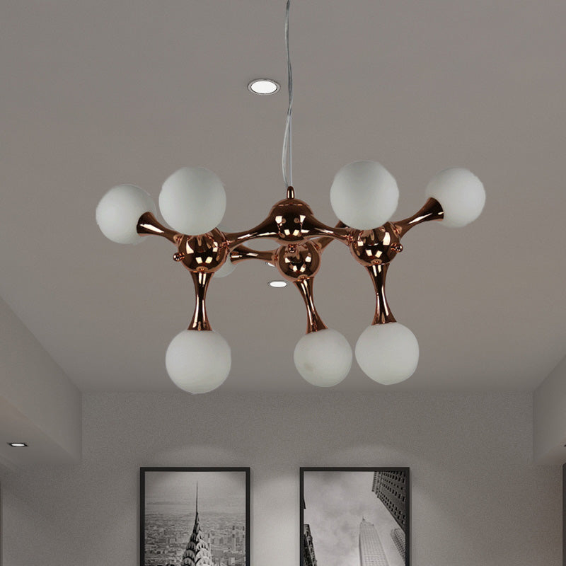 Contemporary Metal Chandelier With 9/15 Lights: Starburst Style Rose Gold Finish White Glass Bubble