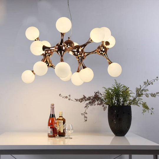 Contemporary Metal Chandelier With 9/15 Lights: Starburst Style Rose Gold Finish White Glass Bubble