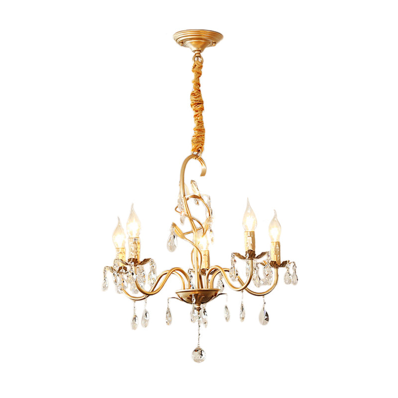 Modern Gold Finish 5/8-Light Metallic Chandelier Lamp With Crystal Deco And Curved Arm