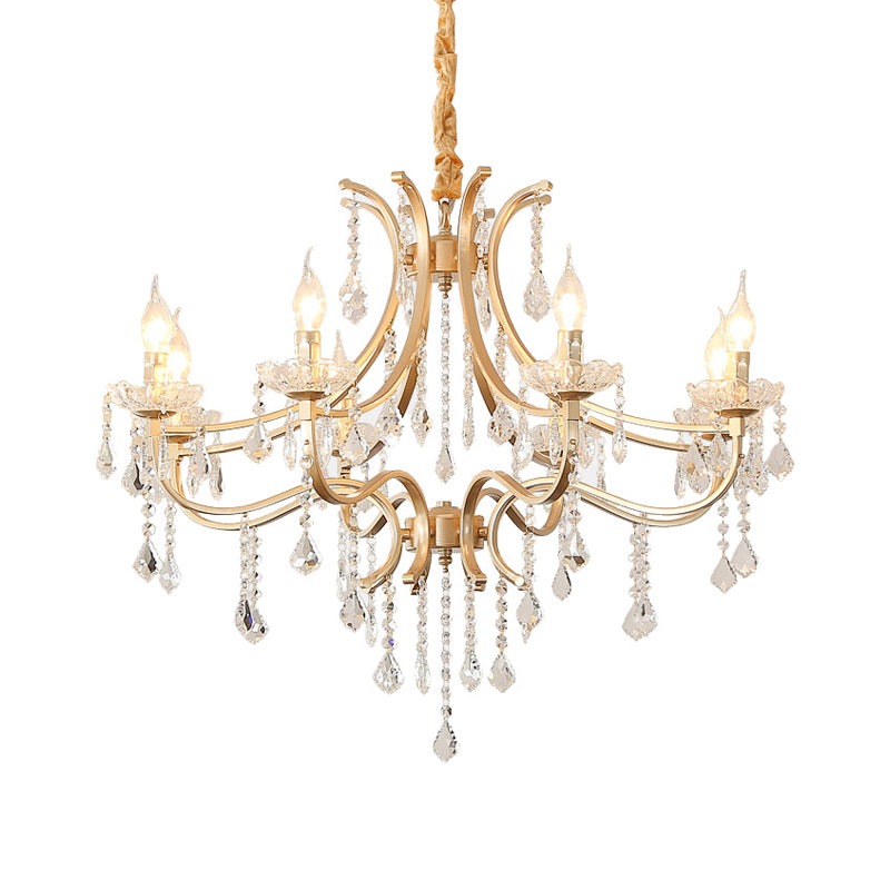 Modern Metal Flameless Candle Pendant Chandelier With Crystal Beads In Gold - 6/8 Heads Hanging Lamp