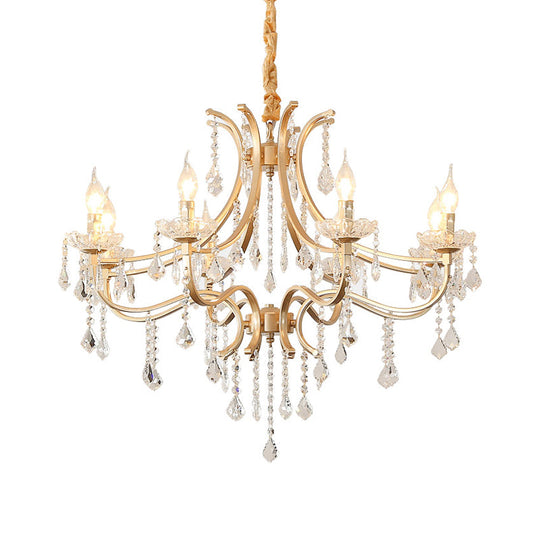 Modern Metal Flameless Candle Pendant Chandelier With Crystal Beads In Gold - 6/8 Heads Hanging Lamp