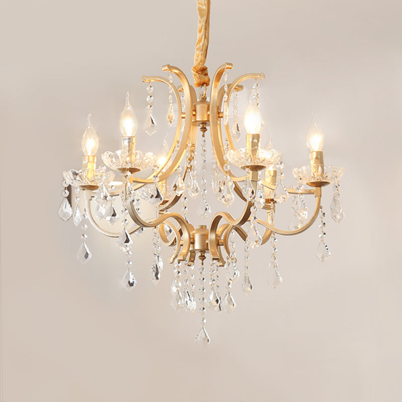 Modern Metal Flameless Candle Pendant Chandelier With Crystal Beads In Gold - 6/8 Heads Hanging Lamp