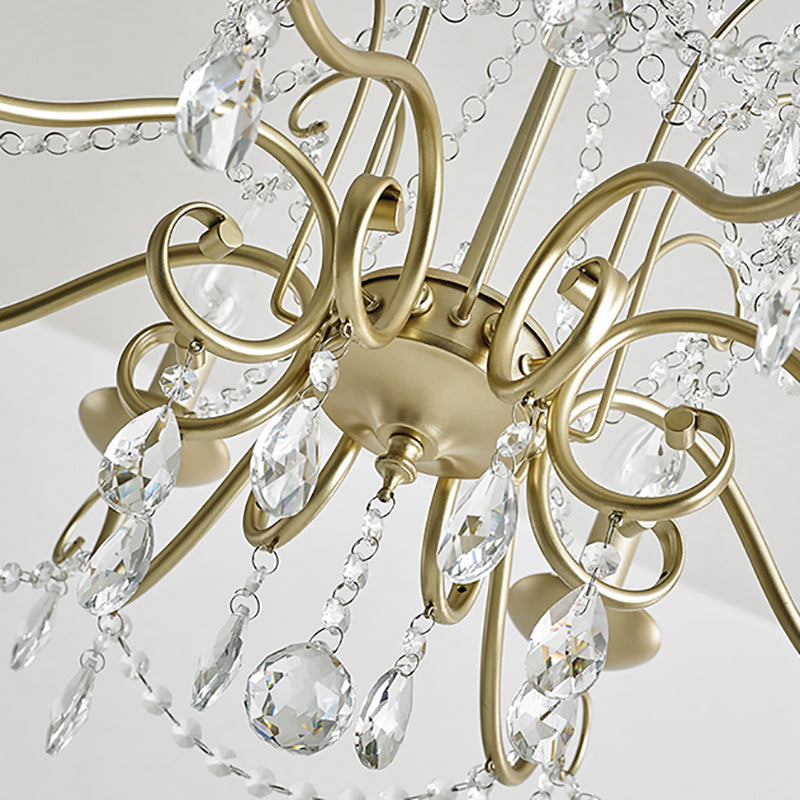 Vintage Bare Bulb Chandelier Pendant Light - Metallic Finish Clear Crystal Gold 3/6 Heads