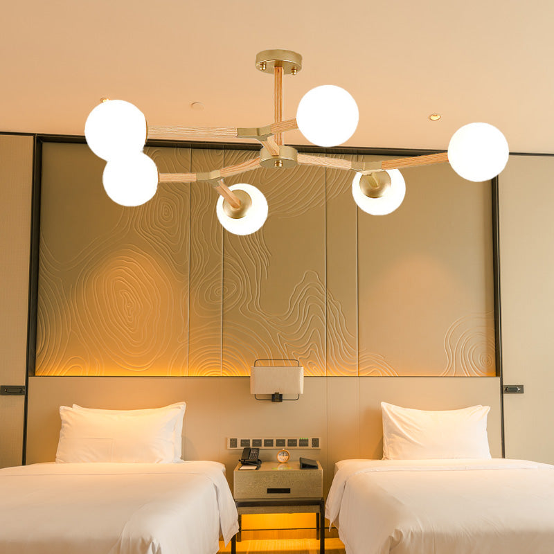 Contemporary Wood Branch Chandelier With White/Black/Gold Finish 3/6/9 Lights And White Glass Shade