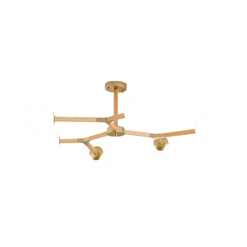 Contemporary Wood Branch Chandelier With White/Black/Gold Finish 3/6/9 Lights And White Glass Shade