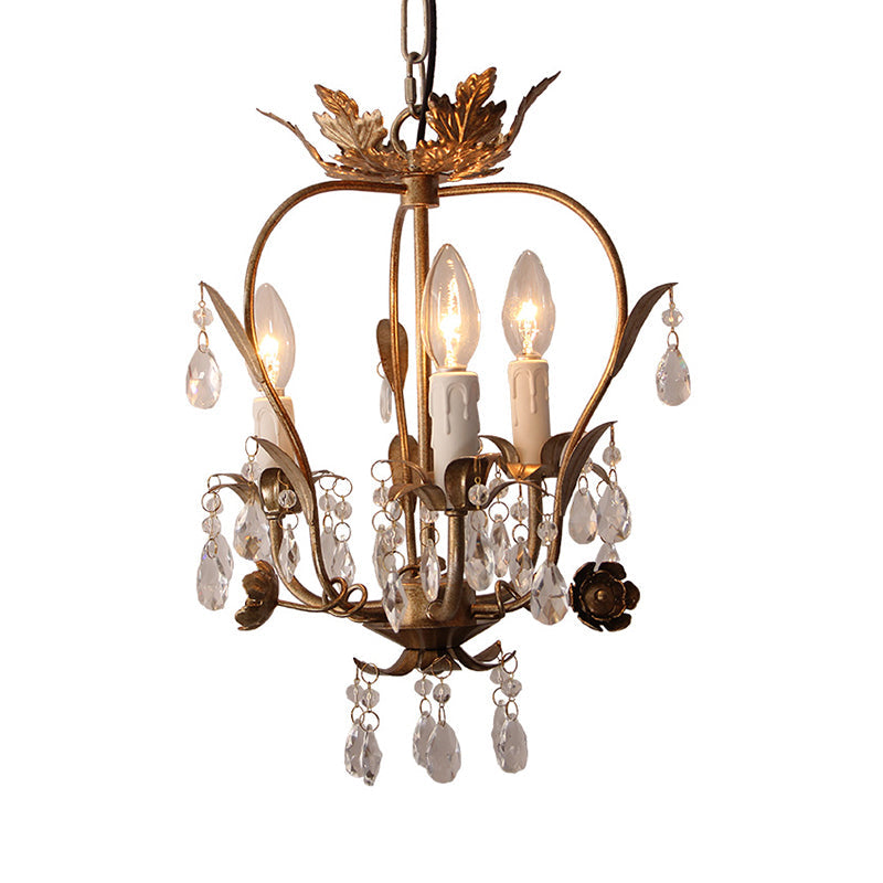 Country Style Caged Chandelier Light - Iron 3-Head Hanging Lamp With Crystal And Leaf Deco In Dark